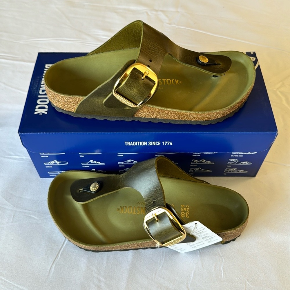 Birkenstock Olive Green Gold Buckle Sandals